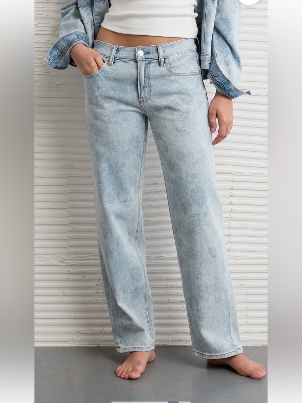 American Eagle Outfitters Pale Blue Floral Wide-Leg Jeans